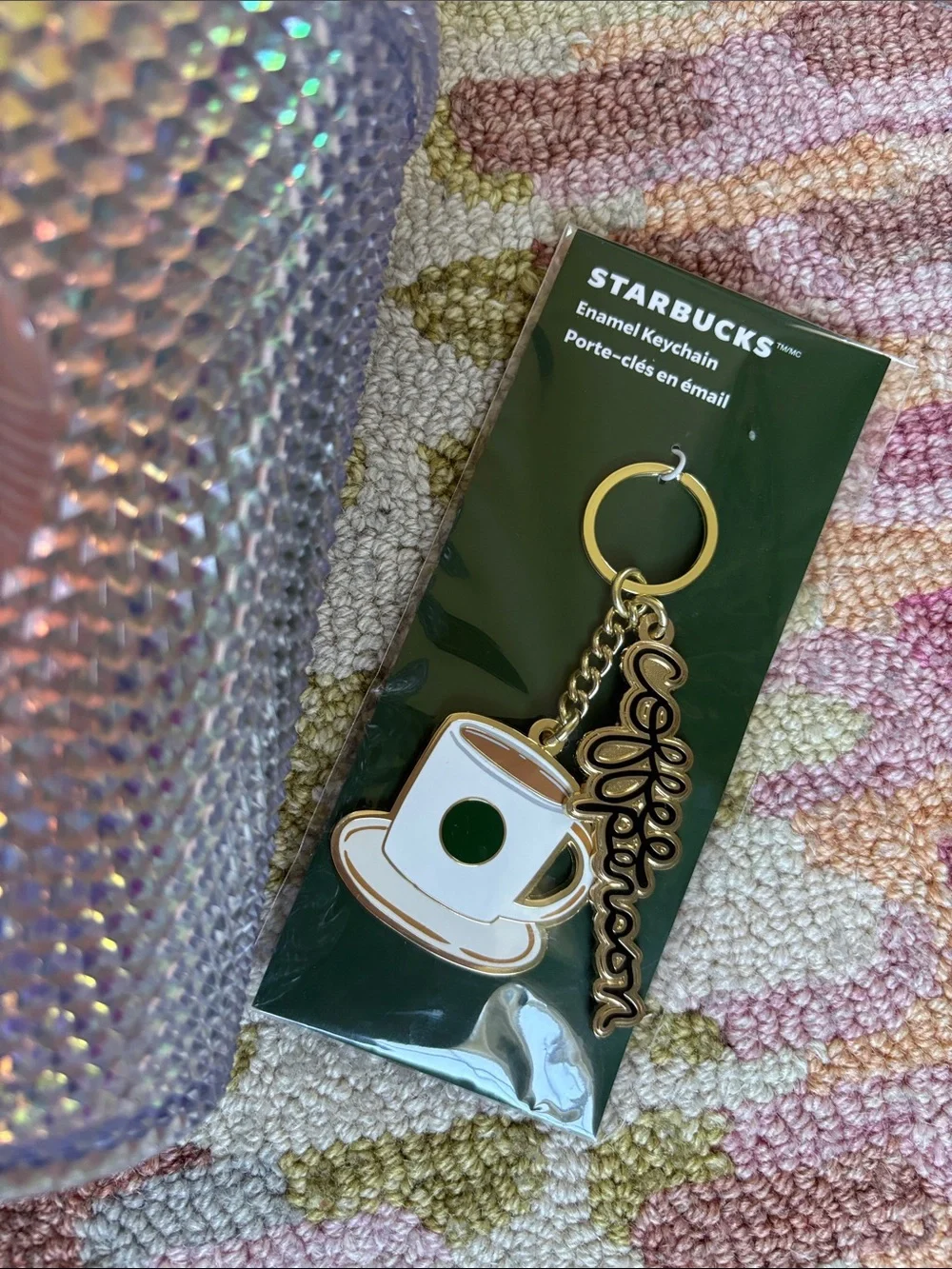 Starbucks NWT Enamel Keychain coffee cup coffee person in script sealed